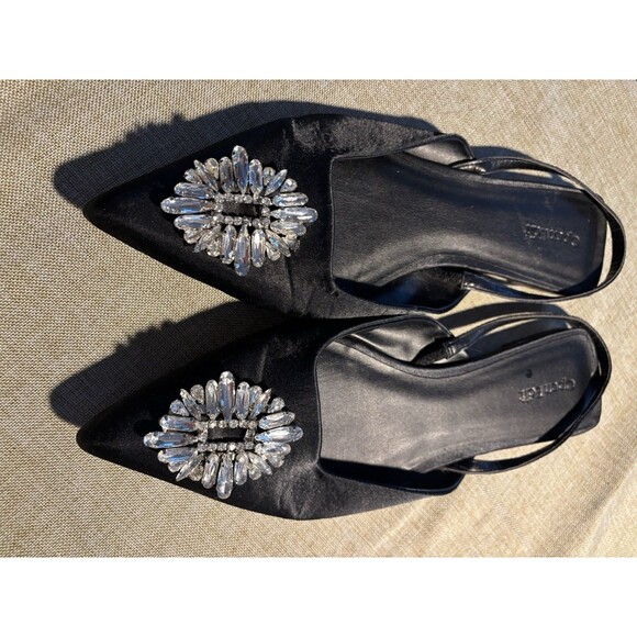 Open Edit Nordstrom Satin Pointed Flats Sling Back with Diamonds Size 9 Black - Picture 6 of 6